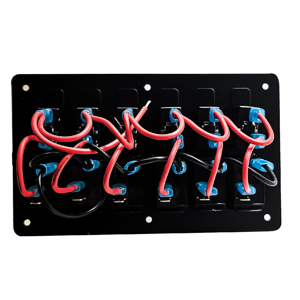 Black electrical panel with red and blue wires on a white background from a rear view