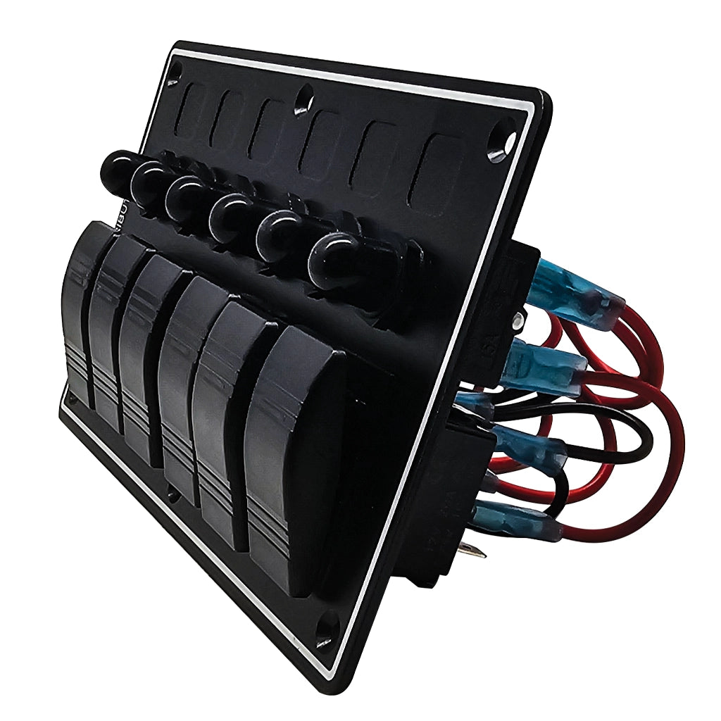 Black switch panel with six toggle switches on a white background from a 3/4 view