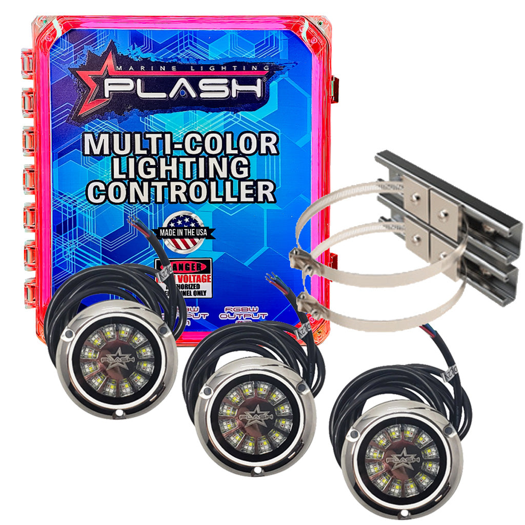 Plash branded NEMA rated hinged junction box, gray on white background with magenta RGBW LED strip light on. Shown with three Epik underwater LED lights and pole mount hardward as a kit.