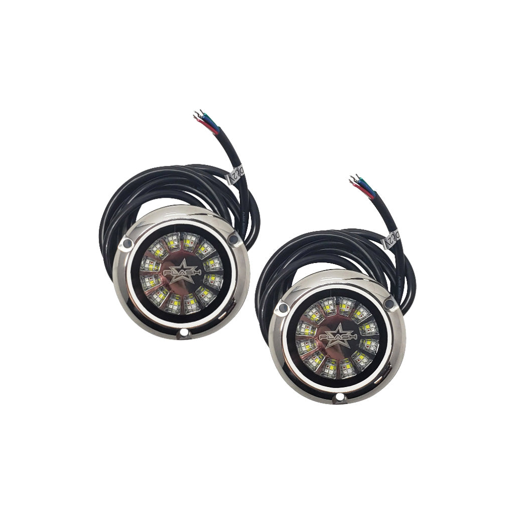 Two Plash Epik underwater LED lights.  With pigtail, stainless steel on white background.
