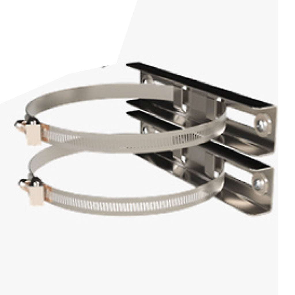 Close up of stainless steel mounting bands for NEMA control box. On white background.