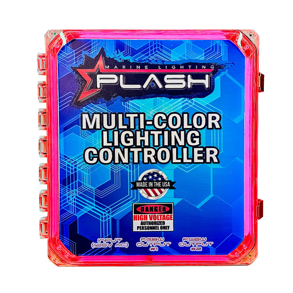 Plash branded NEMA rated hinged junction box, gray on white background with magenta RGBW LED strip light on.