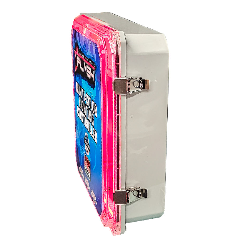 Plash branded NEMA rated hinged junction box, gray on white background with magenta RGBW LED strip light on. Side view.