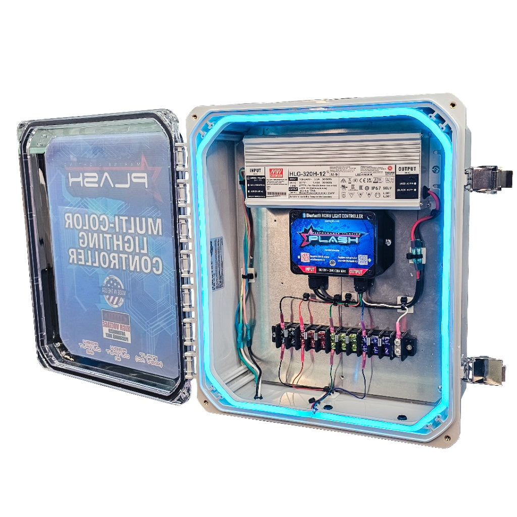 Plash branded NEMA rated hinged junction box, gray on white background with cyan RGBW LED strip light on. The box is opened showing the wiring and MeanWell Driver, and Plash RGBW controller.