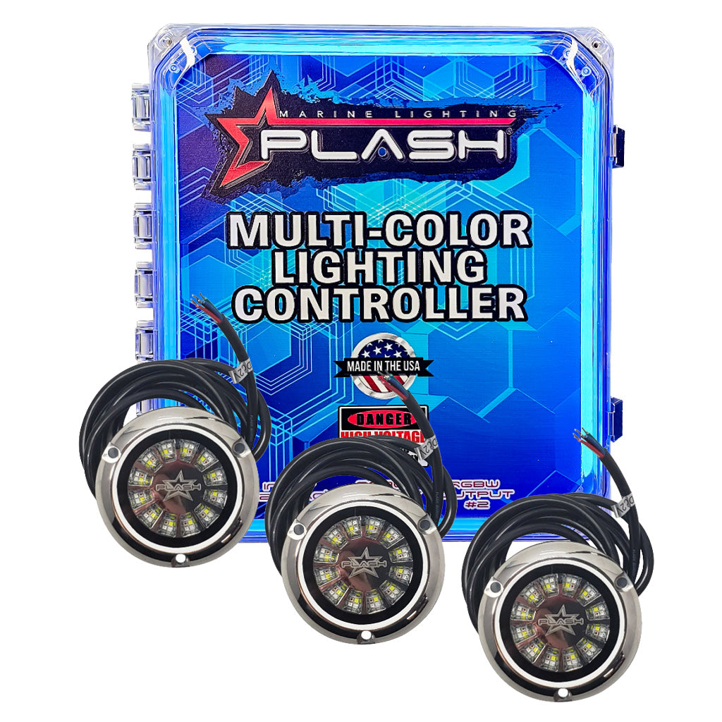 Plash branded NEMA rated hinged junction box, gray on white background with cyan RGBW LED strip light on. Shown with three Epik underwater LED lights as a kit.