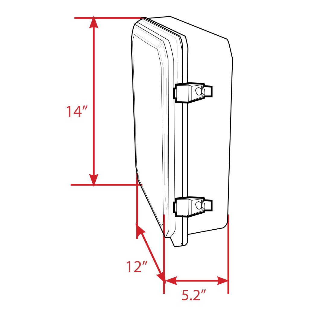 Measurement diagram of a, Plash branded, NEMA rated Illuminated control box with dimensions labeled