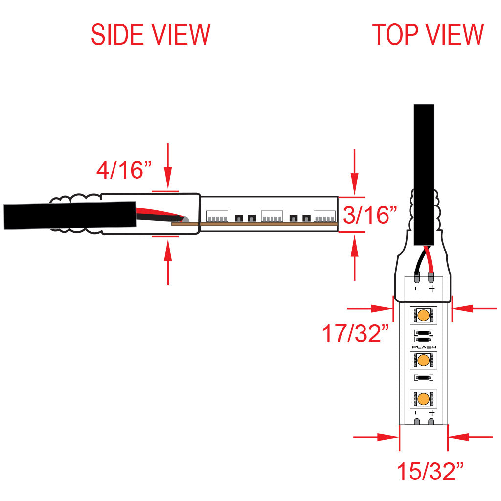 Diagram showing side and top views of waterproof LED strip lights with dimensions indicated on white background.