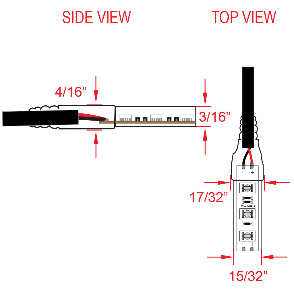 Technical diagram showing side and top views of PLASH LED light strips with measurements on white background.
