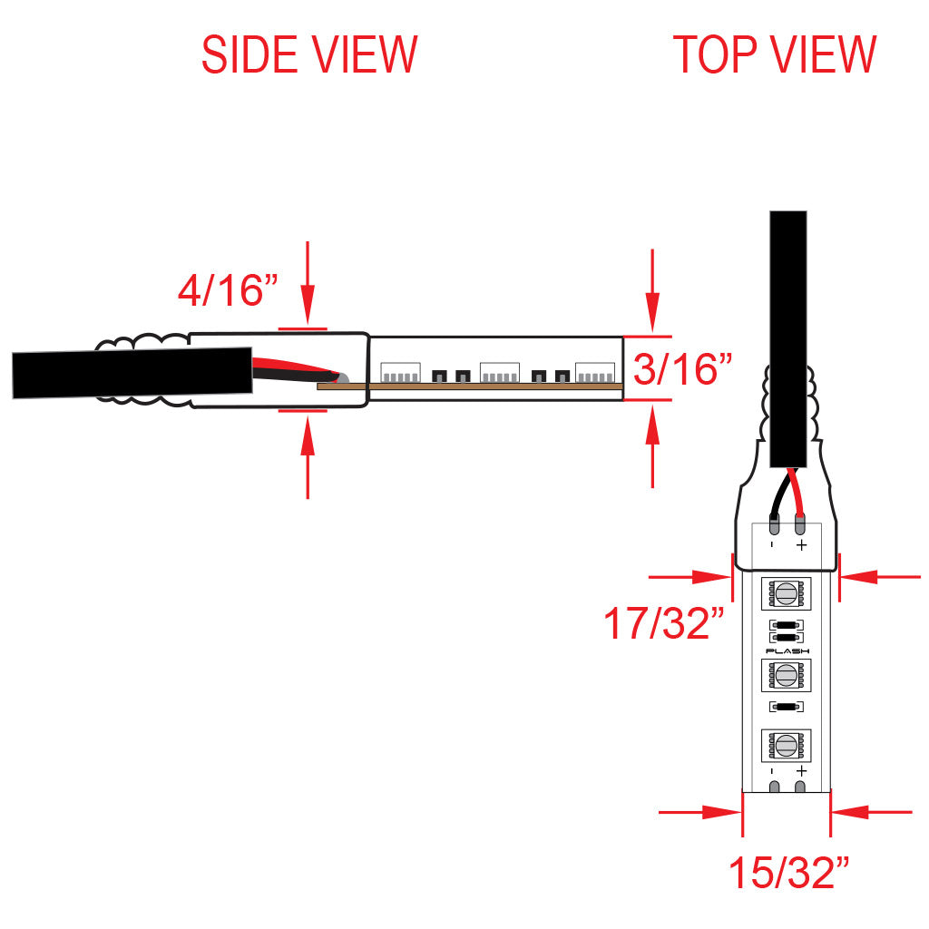 Technical diagram showing side and top views of PLASH waterproof LED flexible light strips with measurements on white background.