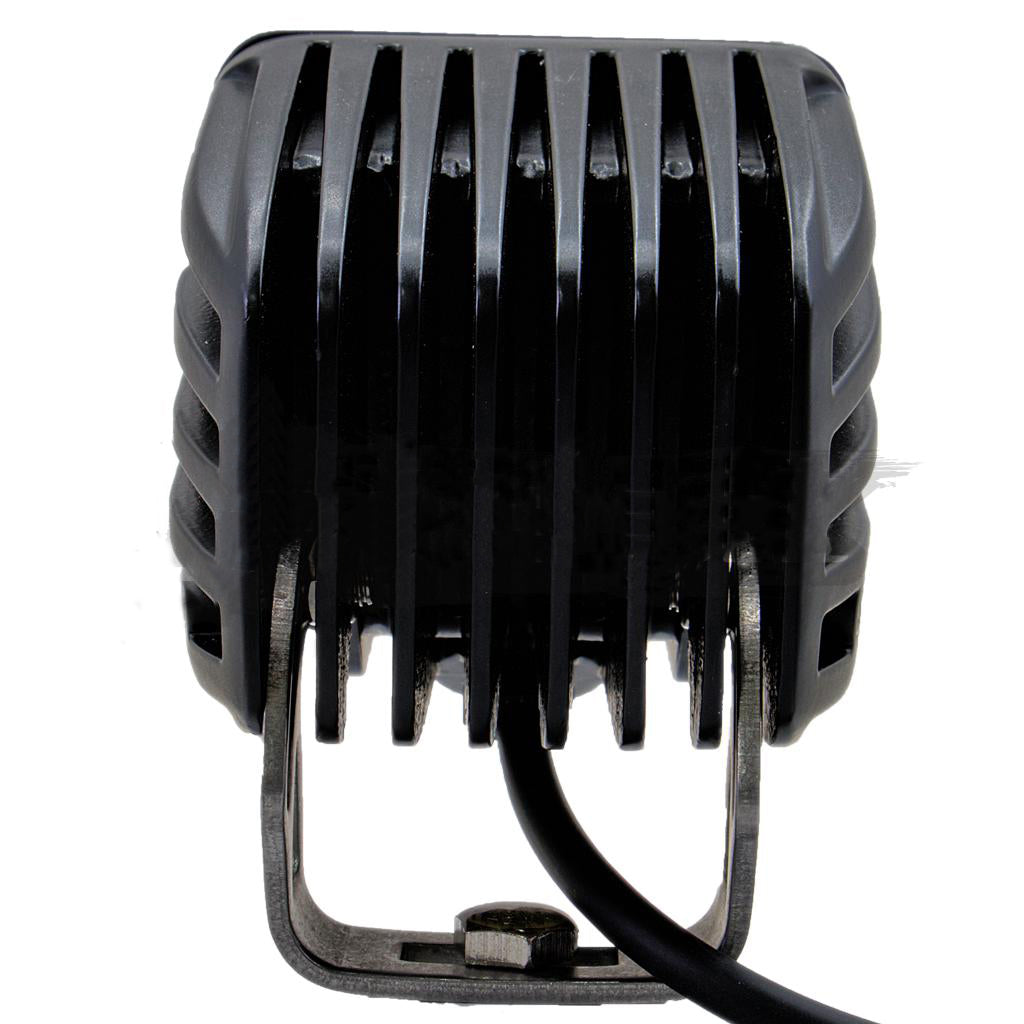 Black LED IR-Series Cube Light close up of housing showing cooling fins on white background.