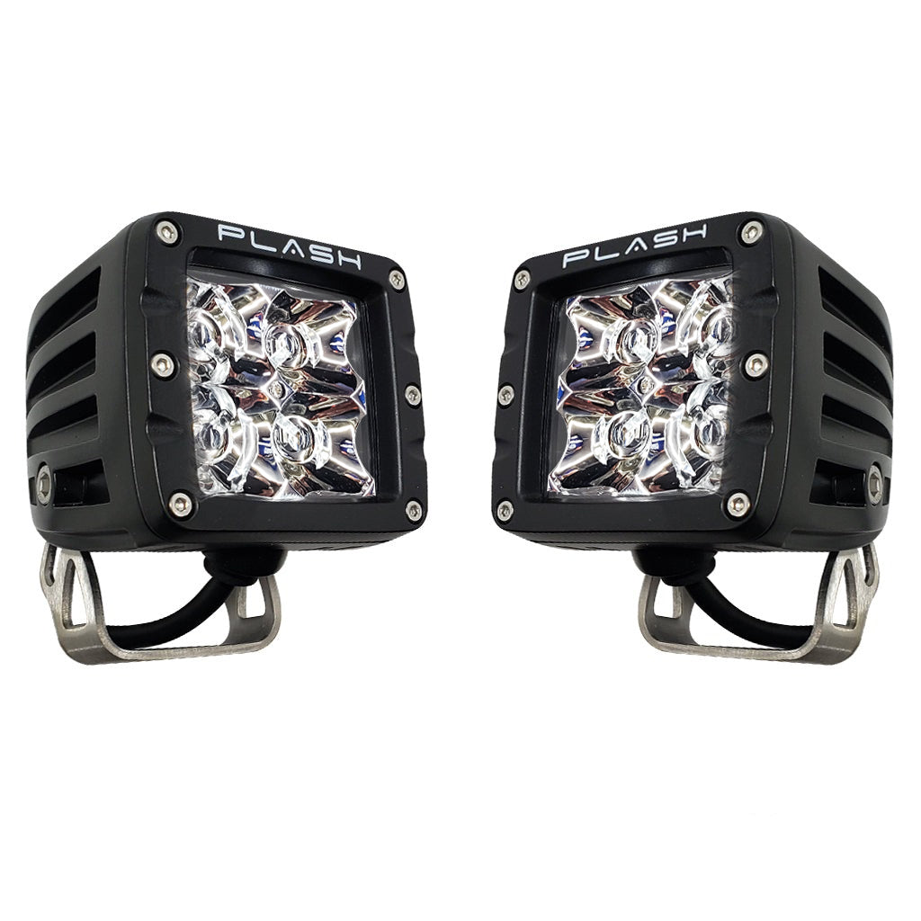 Two black LED IR-Series Cube Lights with 'Plash' branding on white background.