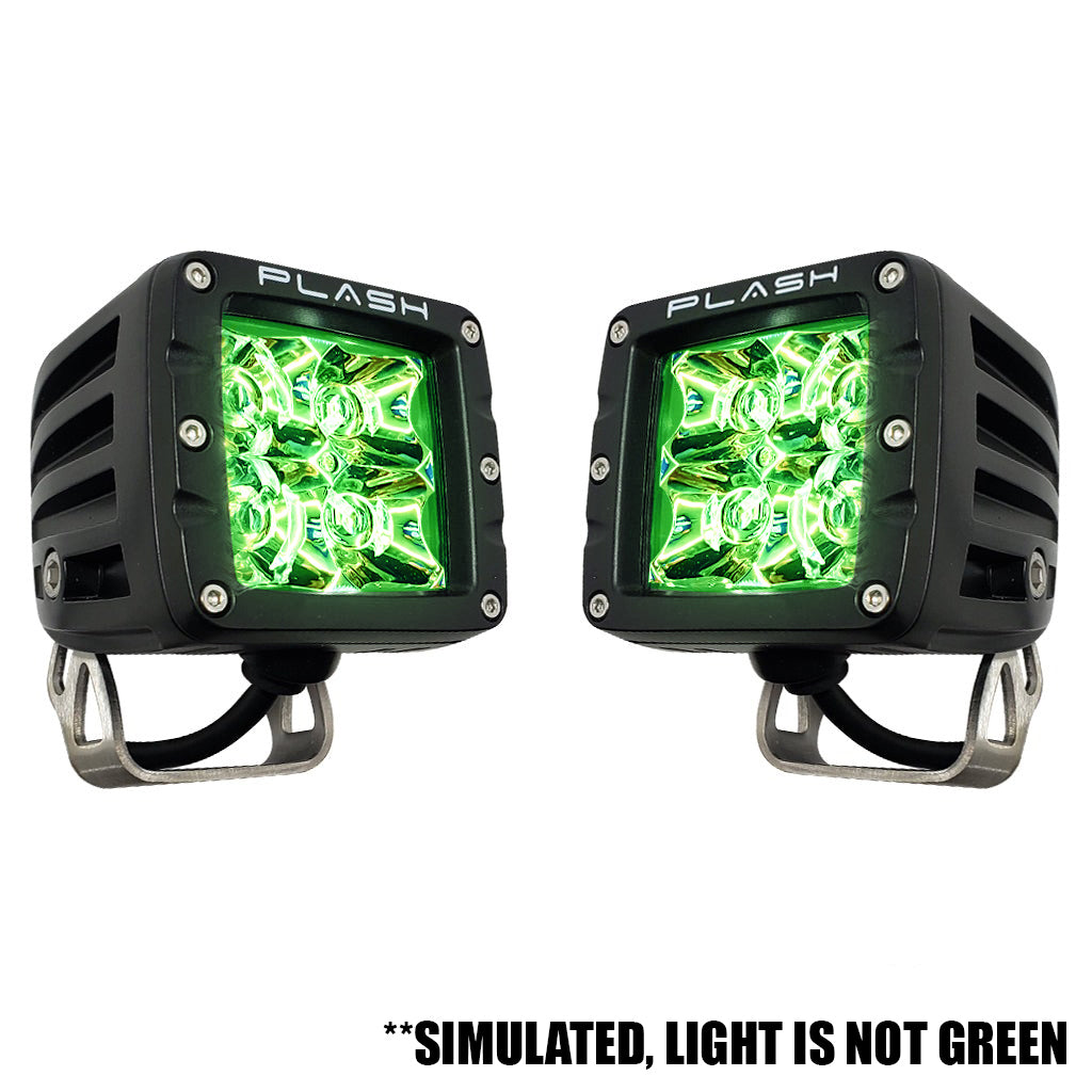 Two black LED IR-Series Cube Lights with 'Plash' branding and simulated night vision of on white background.
