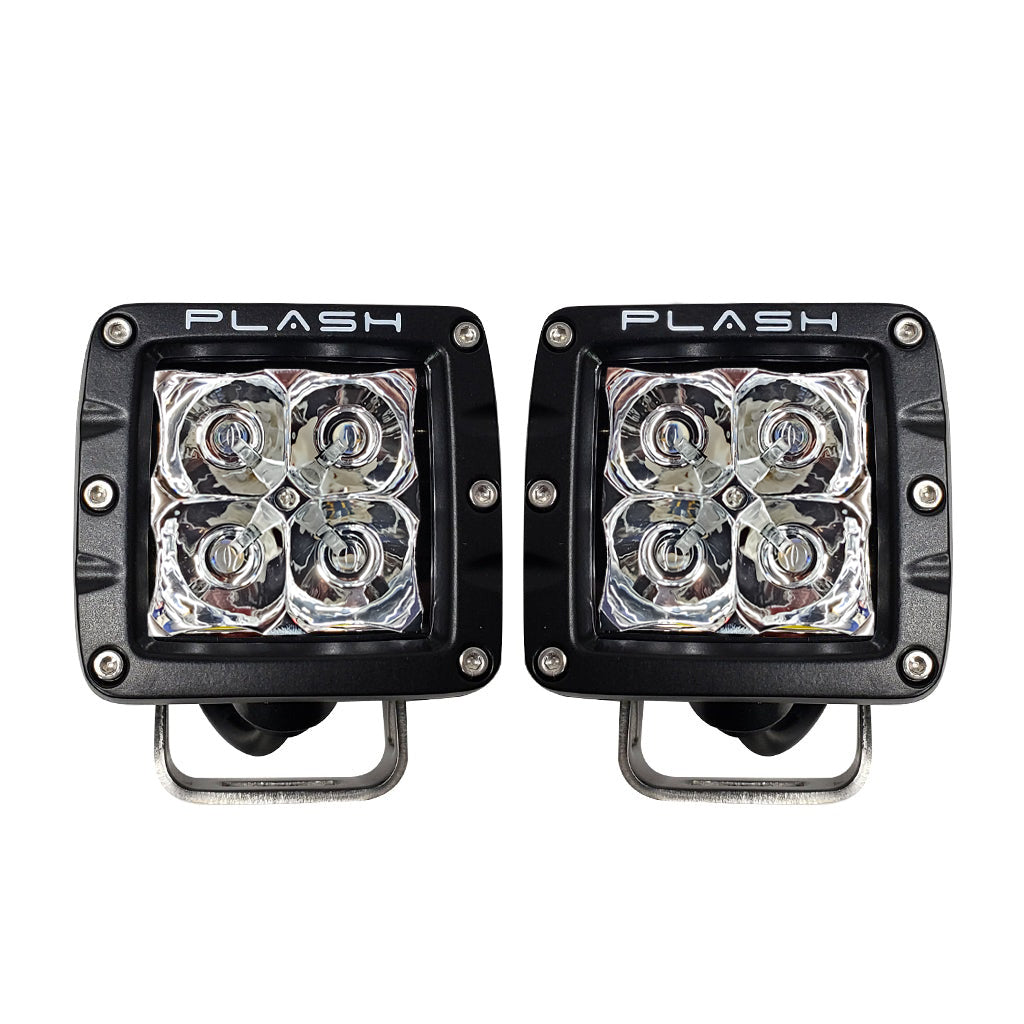 Two black LED IR-Series Cube Lights with 'Plash' branding with front view on white background.