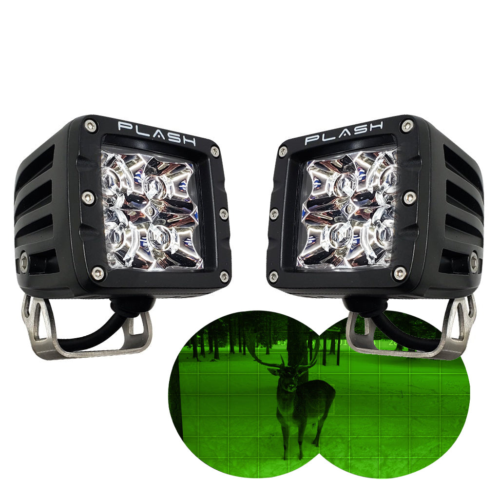 Two black LED IR-Series Cube Lights with 'Plash' branding and simulated night vision of deer in woods all on white background.