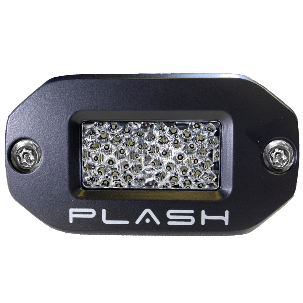 Black LED flush mounted low profile light with diffused lens and 'PLASH' branding on a white background