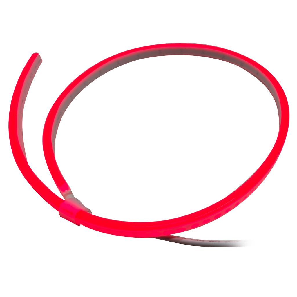 A flexible red LED light strip coiled in a large circle on a plain white background.