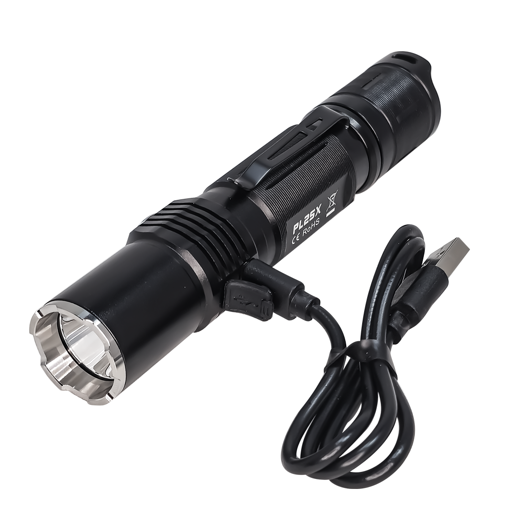 Plash branded blackPL25X LED flashlight with USB Type C 3.0 cord for charging phone