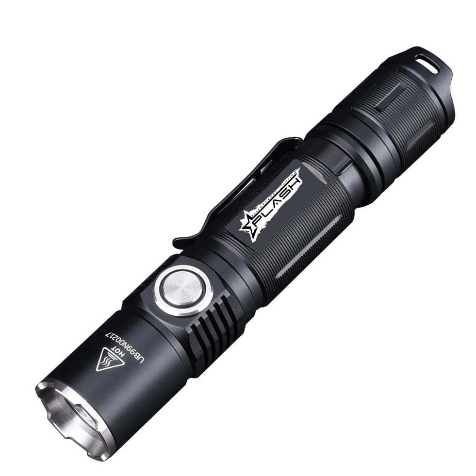 Black LED flashlight with PLASH branding on a white background