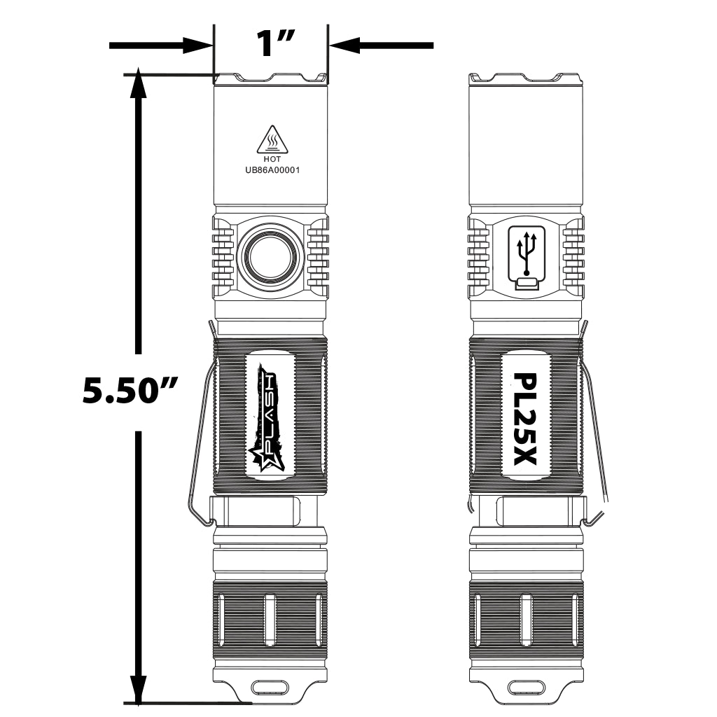 Technical drawing of Plash PL25X flashlight with dimensions labeled