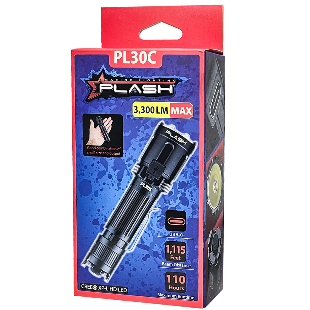 Tactical LED rechargeable Flashlight packaging with 'PL30C' and 'plash' branding 