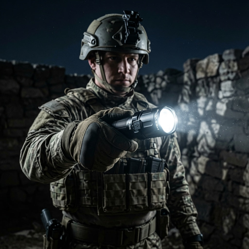 American Soldier in camouflage gear holding a Plash PL30C tactical flashlight at night