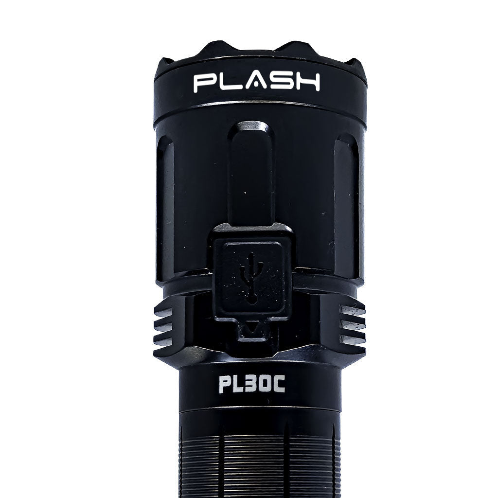 PL30C Tactical Flashlight with USB type C charging plug on the side