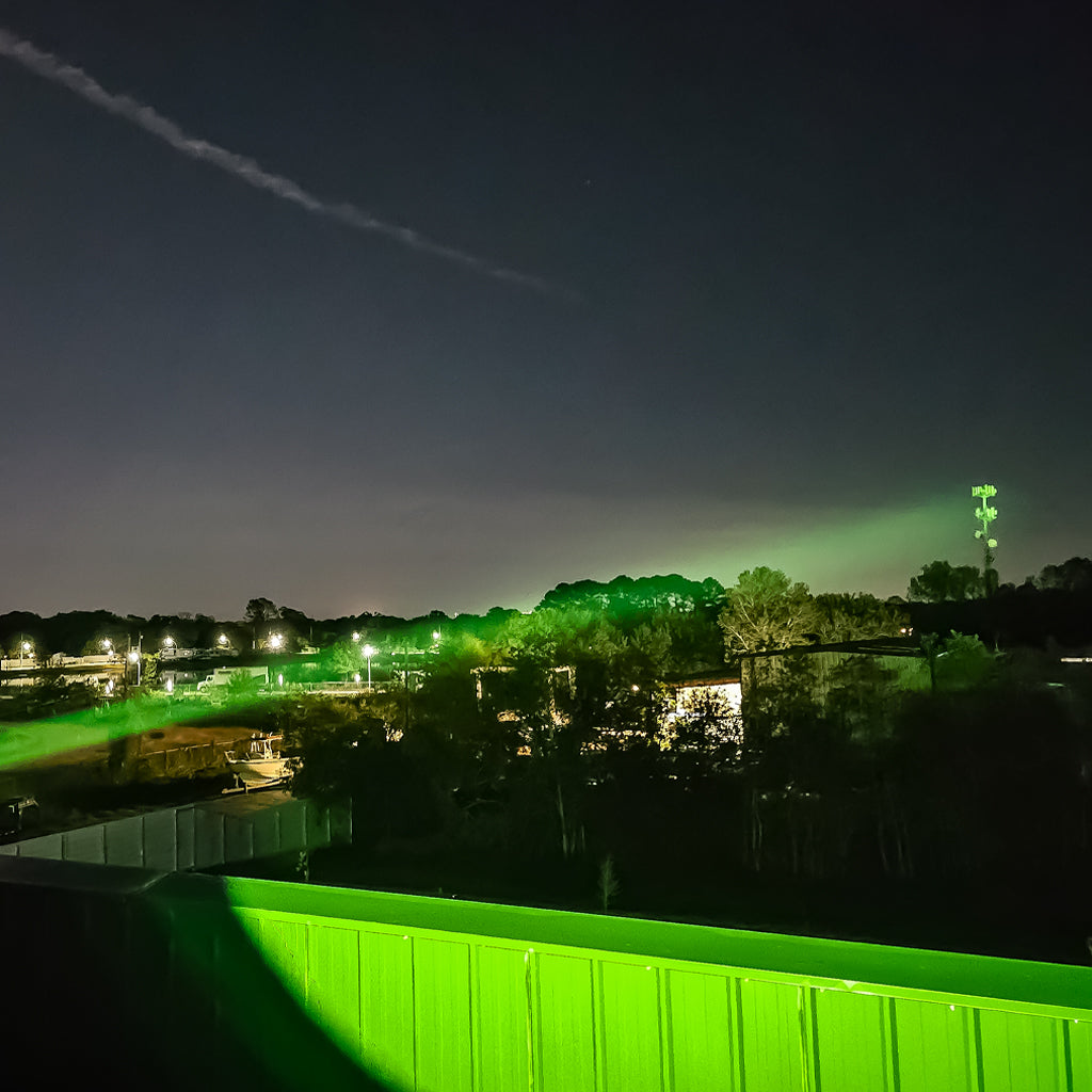 PL50X Dual Color Hunting Light Green/White Rechargeable LED Light Showing the Beam Distance and Intensity
