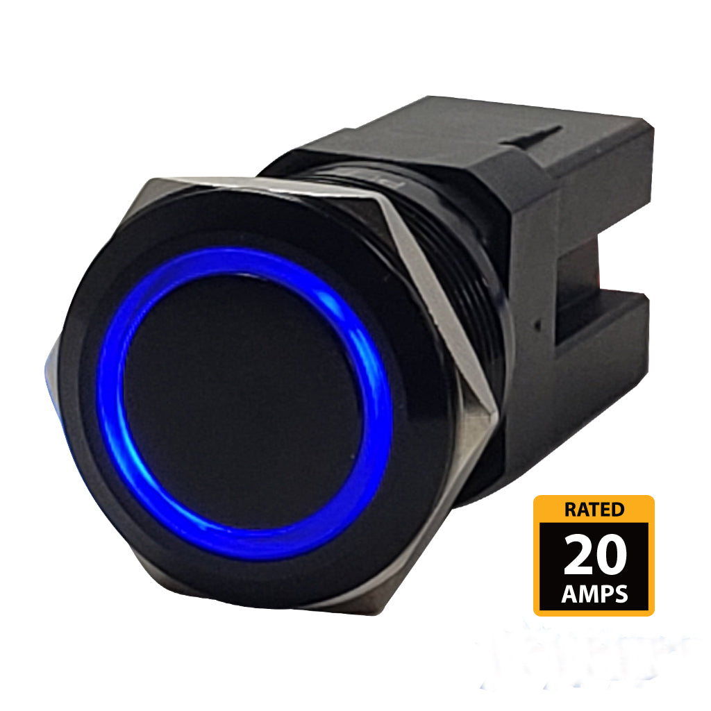 Black-Anodized-Marine-Push-Button-20A-Rated-BlUE-LED