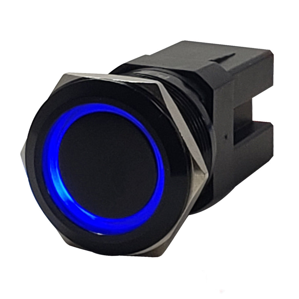 Black-Anodized-Marine-Push-Button-20A-Rated-BlUE-LED-Latching