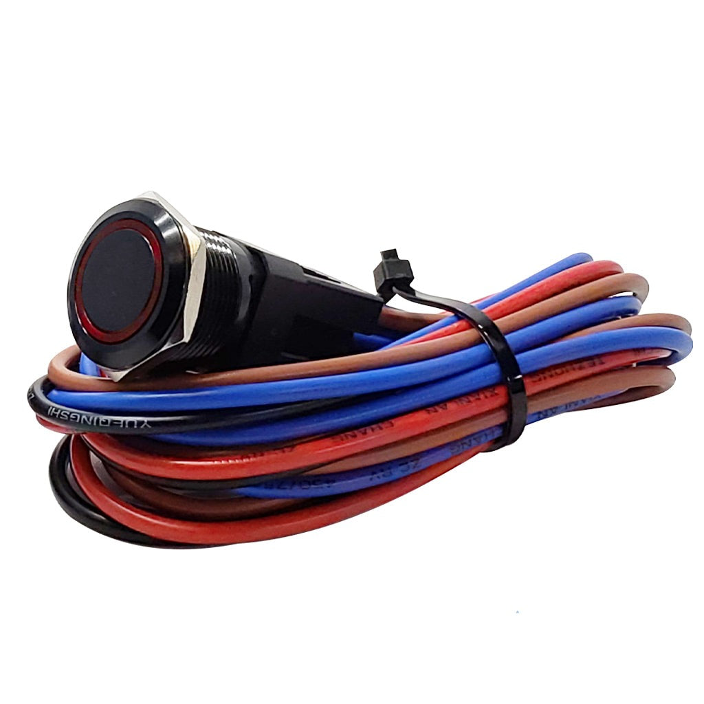 Black-Anodized-Marine-Push-Button-20A-Rated-Red-LED-3FT-Wire
