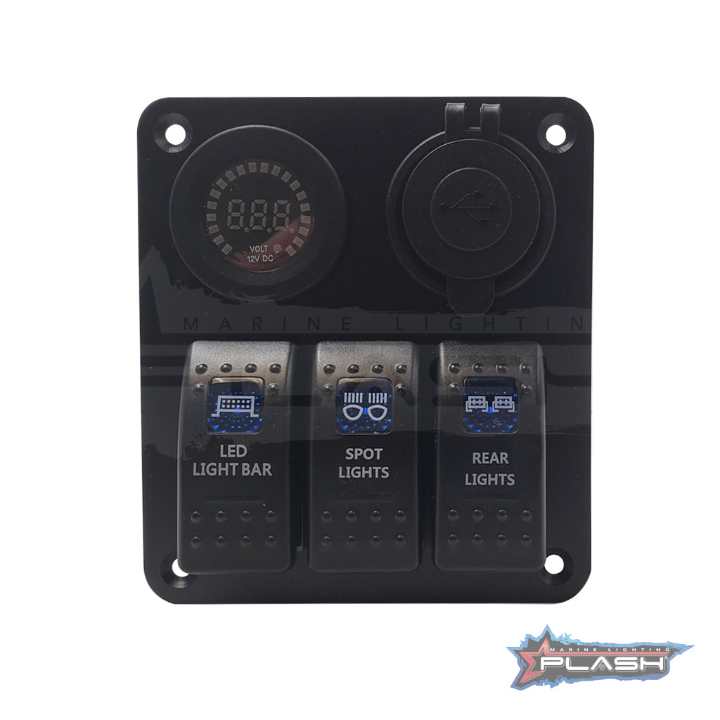 Three panel rocker switch panel waterproof, dustproof includes voltometer, dual usb charger