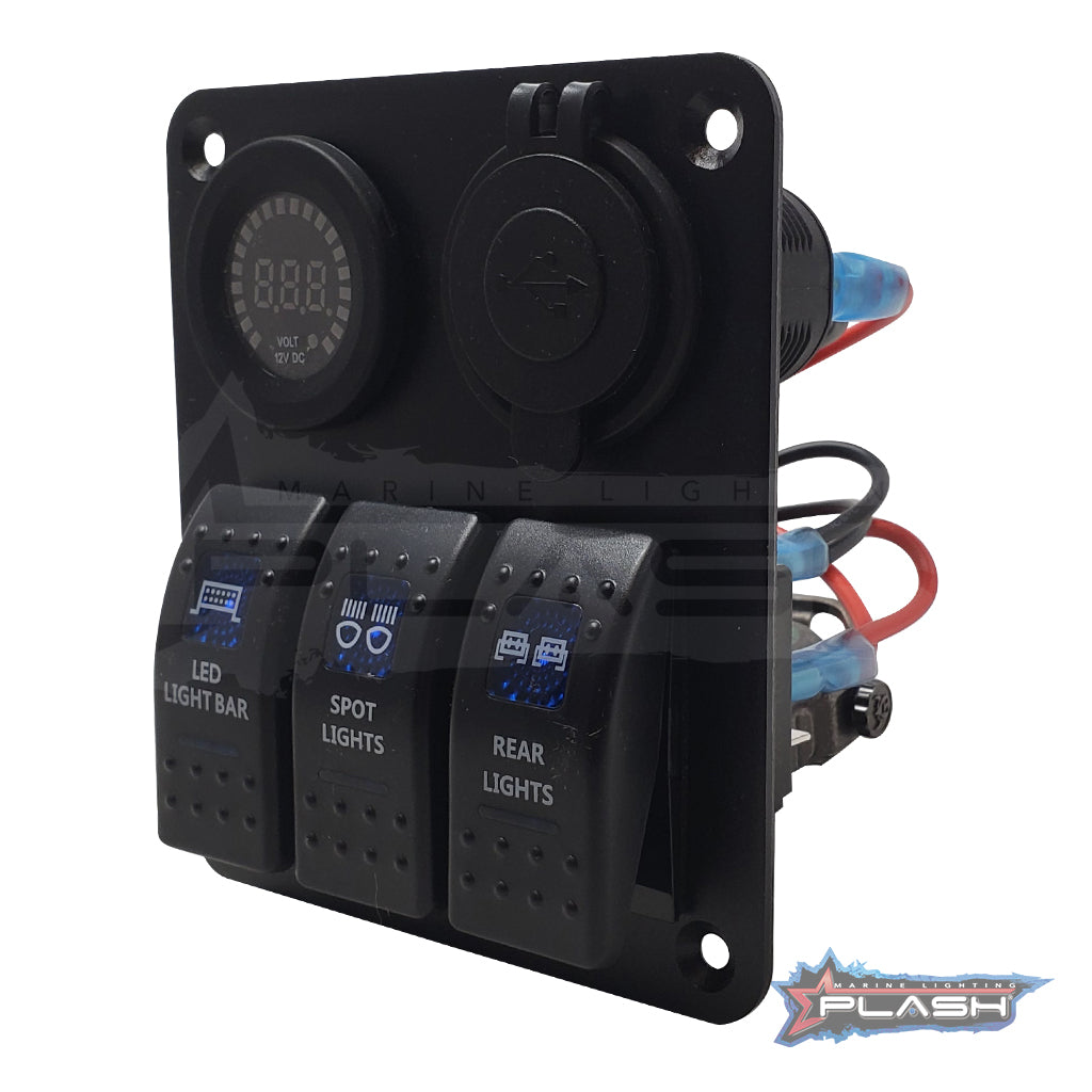Three panel rocker switch panel waterproof, dustproof includes voltometer, dual usb charger