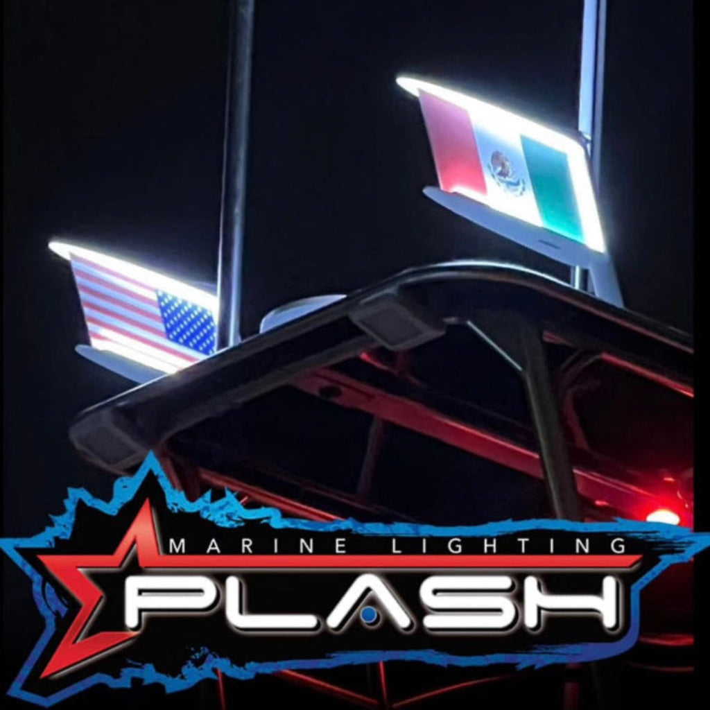 Advertisement for PLASH marine lighting with LED light strips and fast-flag display on a boat.