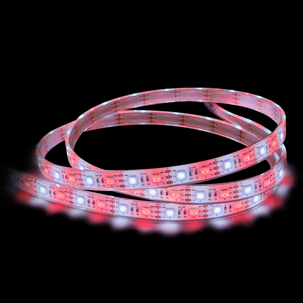 A coiled red and cool white marine waterproof LED flexible light strip glowing brightly Plash branding on the pcb