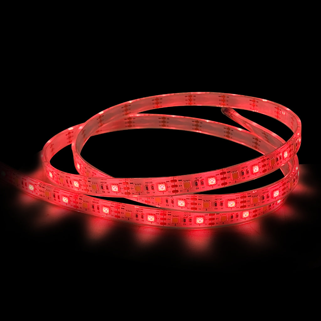 A coiled red LED light strip on a solid black background, showing the flexible transparent tape and small integrated LED chips glowing red.