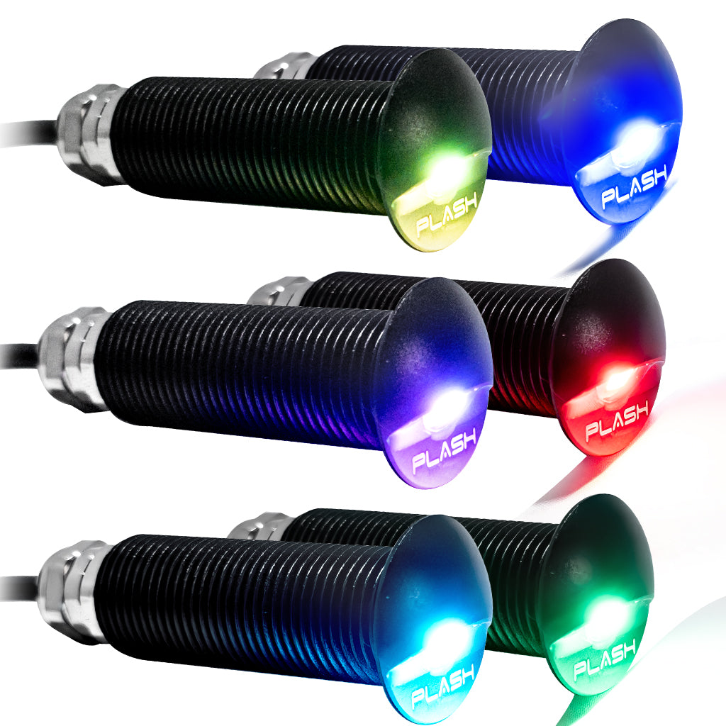 Six threaded marine LED step lights in hard anodized black housings lit up with rgb colors on a white background