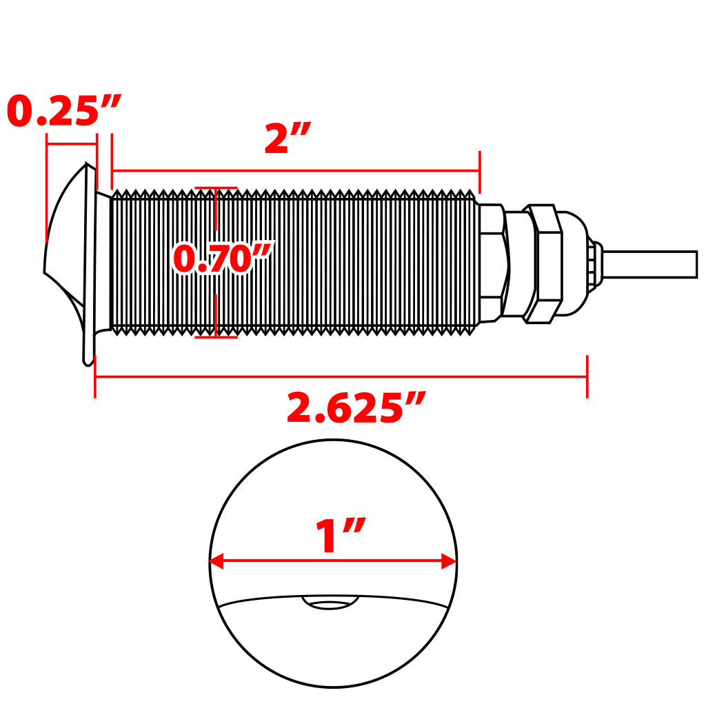 Plash flush mounted threaded step lights dimensional diagrams of sizing on white background.