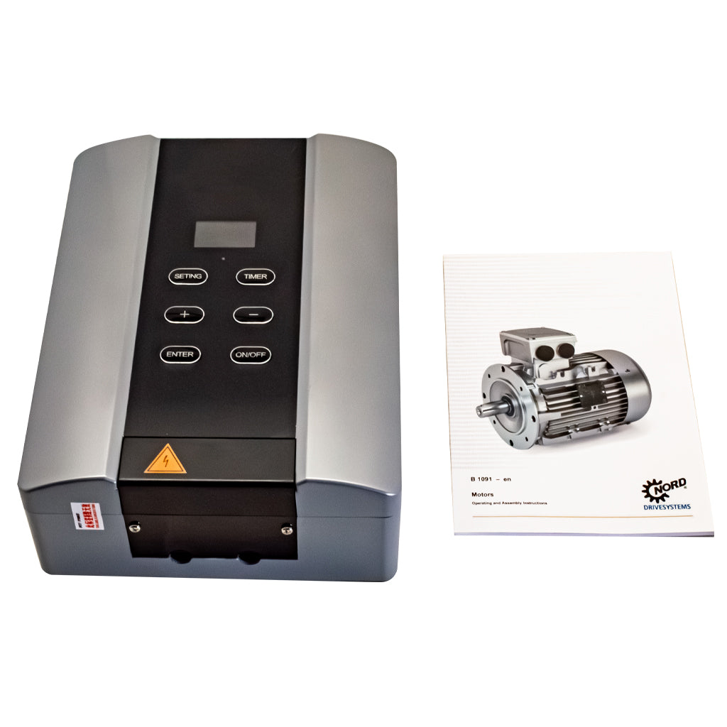 A gray and black industrial control panel unit with buttons and a small display, shown next to a printed instruction manual featuring a motor photo.