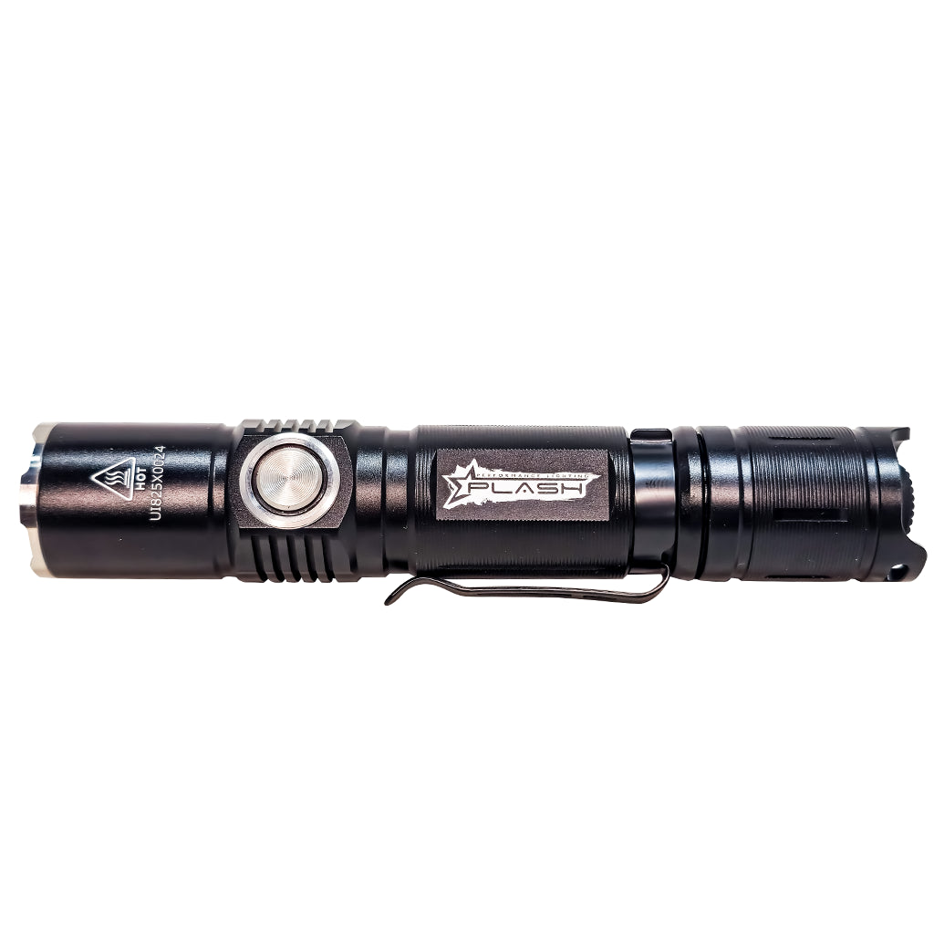 Black LED flashlight with PLASH  branding on a white background