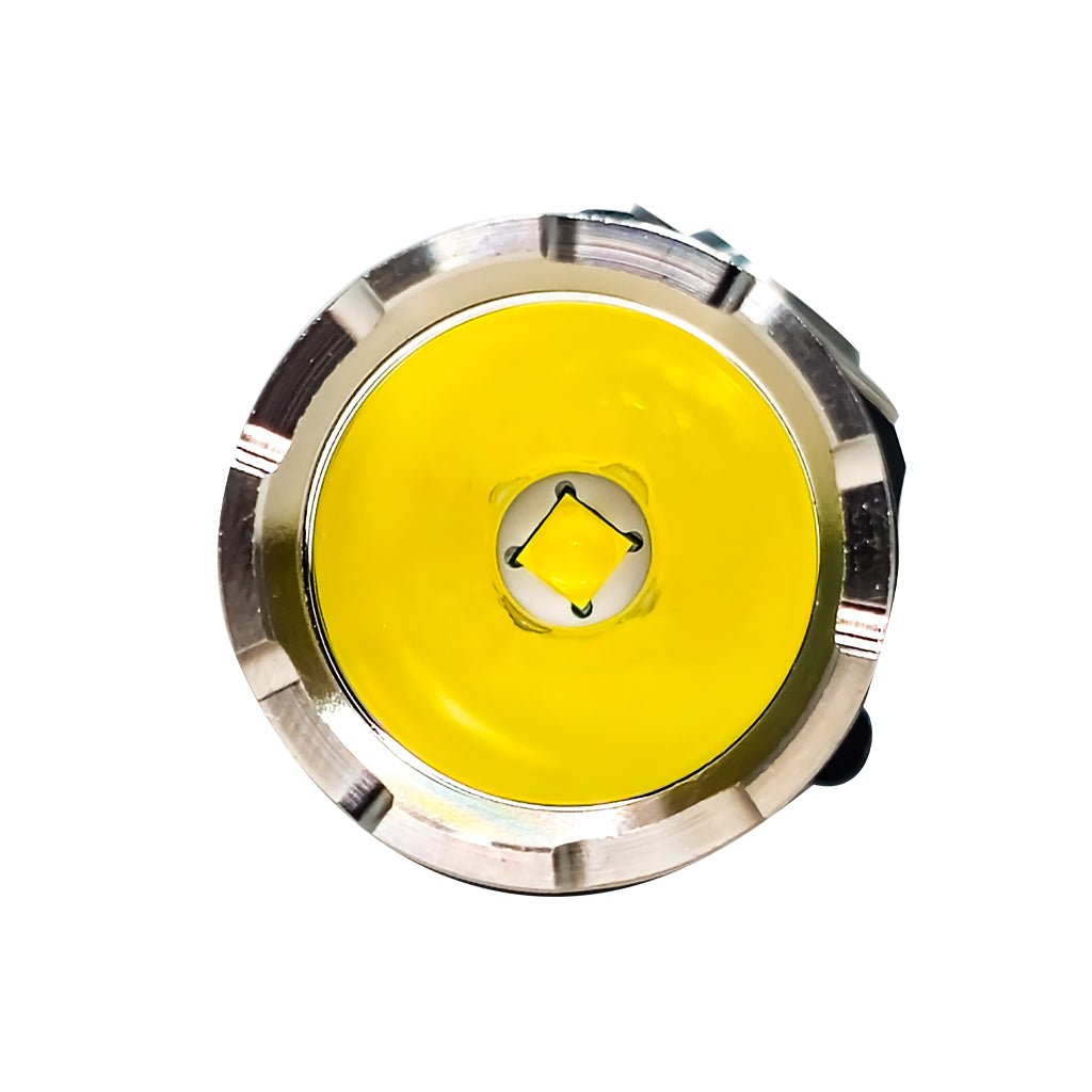 Round flashlight close up of LED bulb with silver rim on a white background