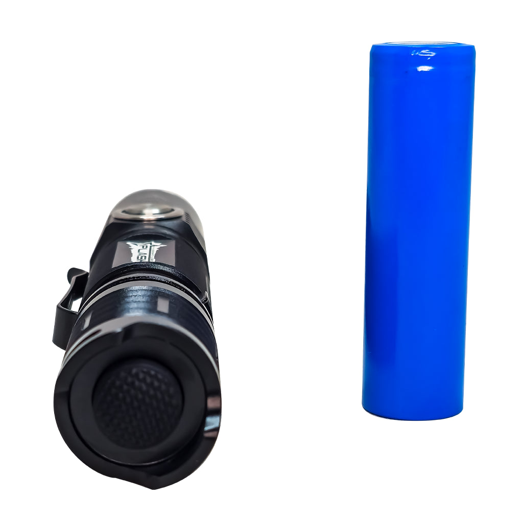 Black LED flashlight with PLASH branding and rechargeable battery on white background.