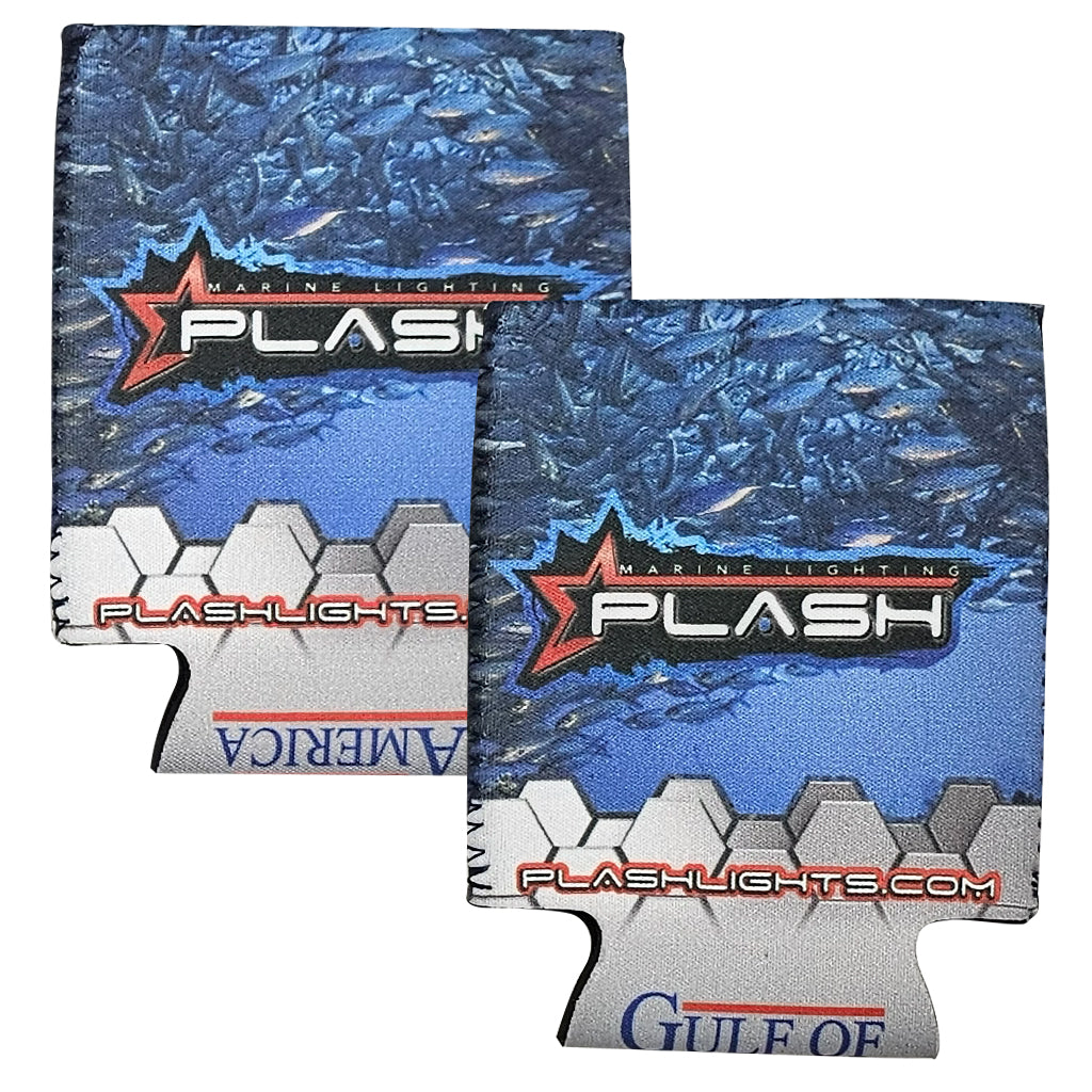 Two can coolers with 'Plash' branding with ocean scene and Gulf of America on bottom on white background