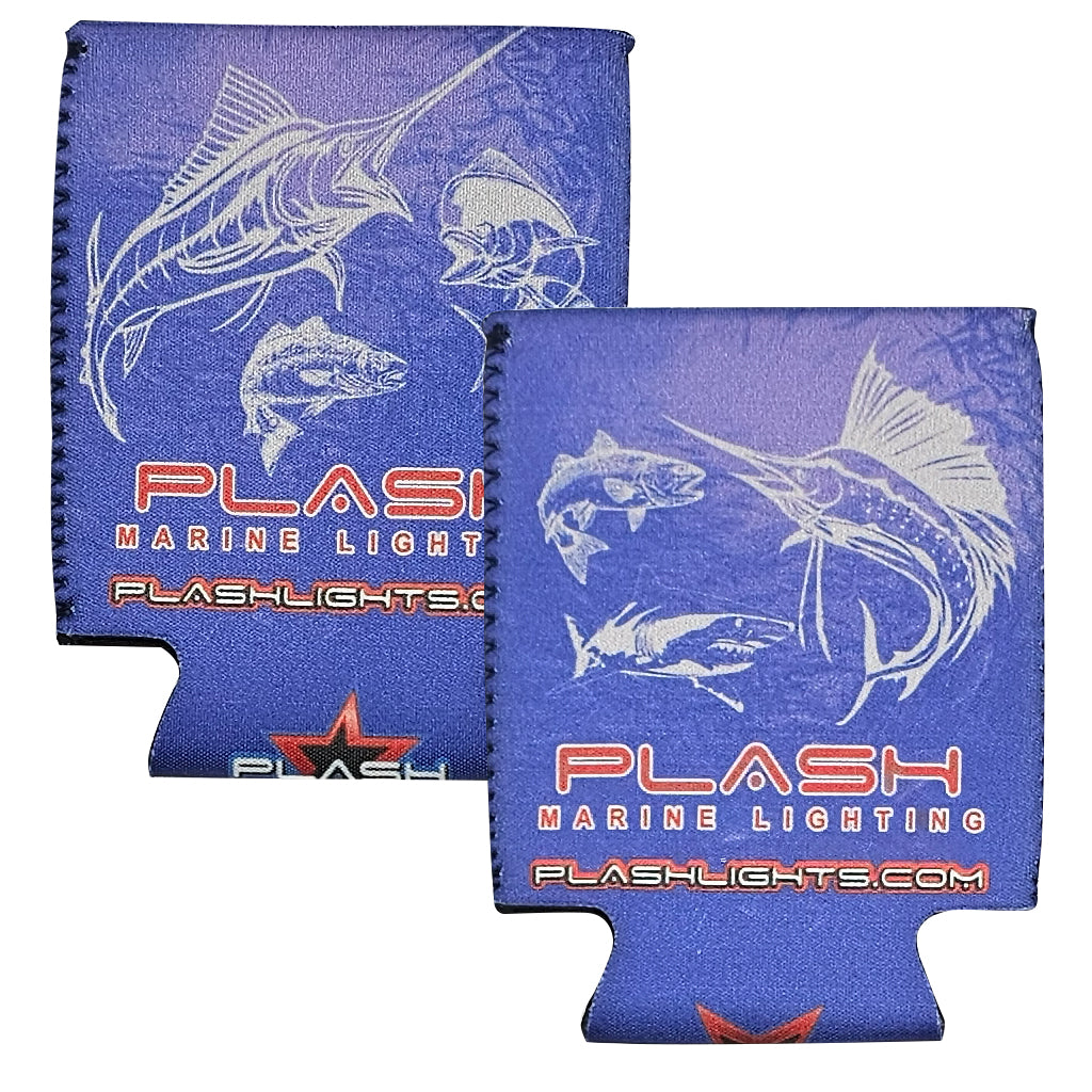 Two blue can coolers with fish illustrations and 'PLASH Marine Lighting' branding on a white background.