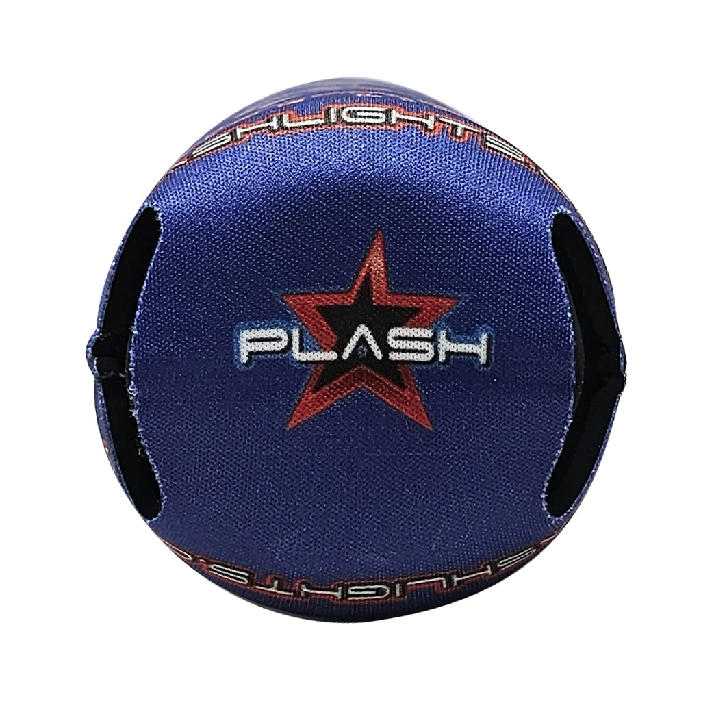 Blue Can Cooler with a red star and 'PLASH' branding on a white background