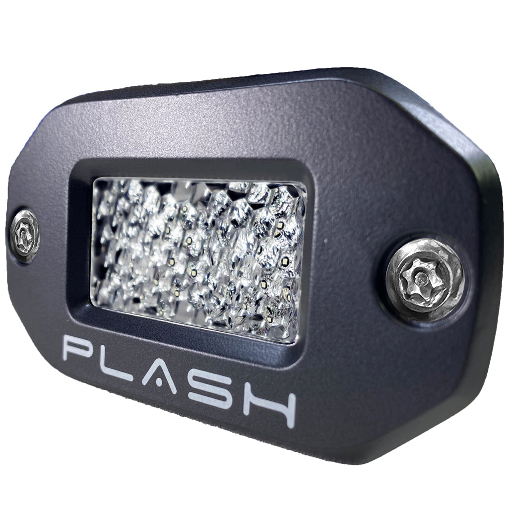Black LED flush mounted low profile light with diffused lens and 'PLASH' branding on a white background from a three quarter view.