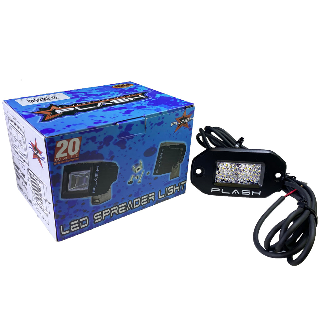 Black LED flush mounted low profile light with diffused lens and 'PLASH' branding on a white background with product packaging.