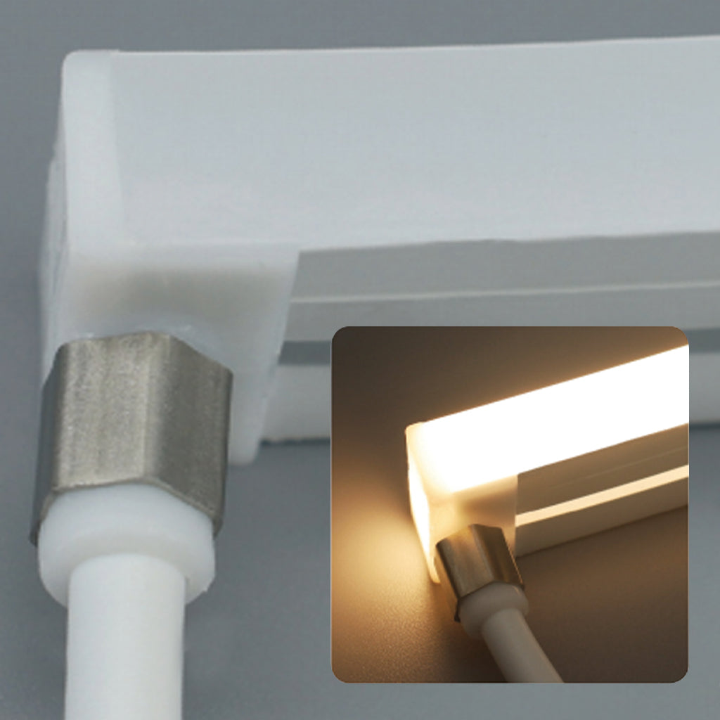 A close up of a Plash Mega Neon flexible light strip.  Showing a close up of the side exiting power cable, on gray background, with an inset picture of the LED lightstrip turned on.