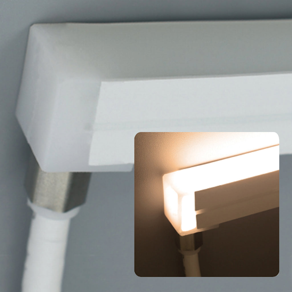 A close up of a Plash Mega Neon flexible light strip.  Showing a close up of the bottom exiting power cable, on gray background, with an inset picture of the LED lightstrip turned on.