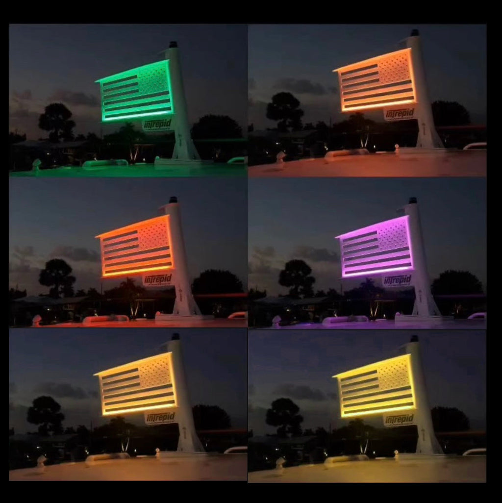 Collage of a large Fast Flags at night with changing colors.