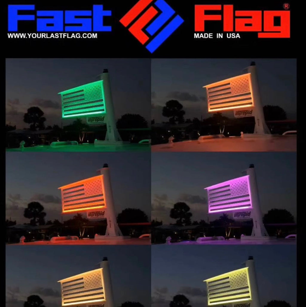 Collage of a light-up flag with 'PLASH' LED Lights in various colors with 'Fast Flag' branding.